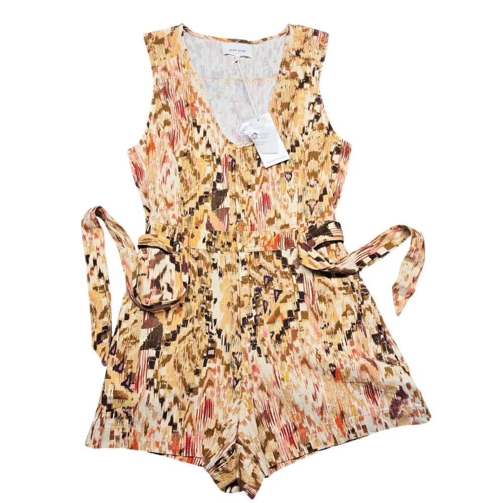 Dear John Romper Womens Medium Beige Ikat Linen Blend Belted Sleeveless Shorts